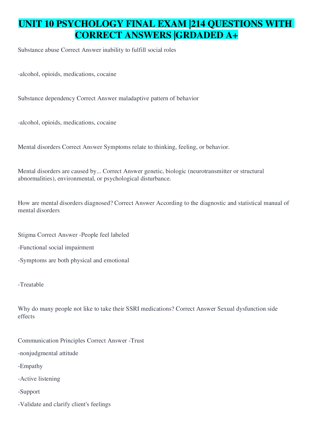 Preview image for UNIT 10 PSYCHOLOGY FINAL EXAM |214 QUESTIONS WITH CORRECT ANSWERS |GRDADED A+